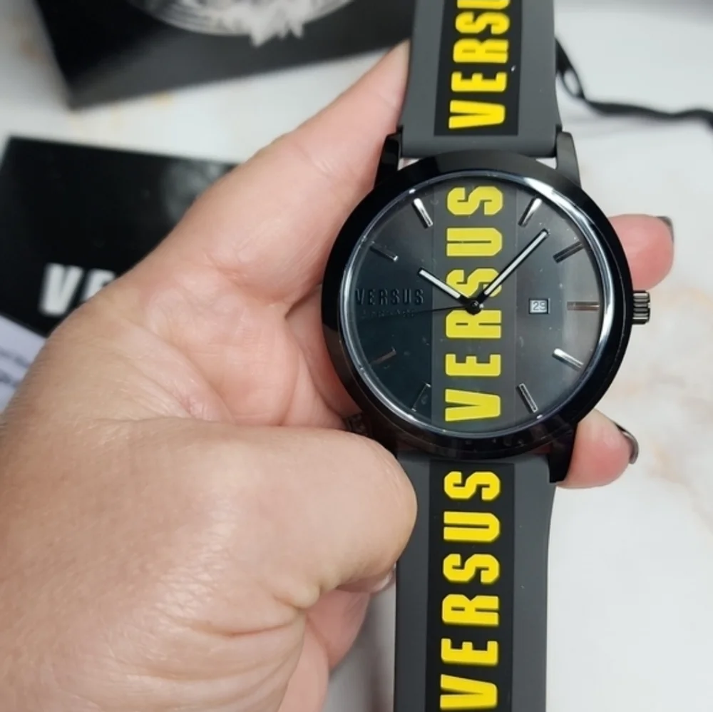 Versus Versace Mens Black & Yellow Logo Strap Watch New